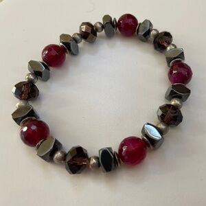 Hematite vintage glass smoky quartz crystal silver bead stretch bracelet.